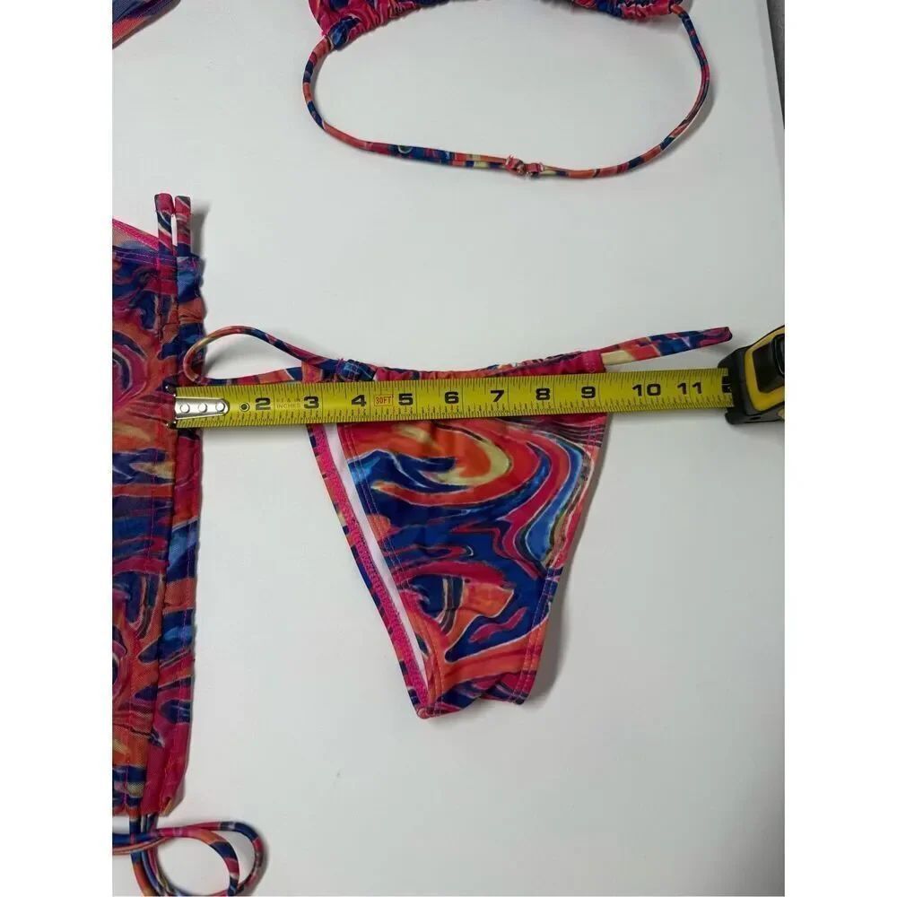 Fluid Print Triangle Halter Tie Strap Backless Bikini Set Cut Out Tie Side Sz S - Picture 10 of 16